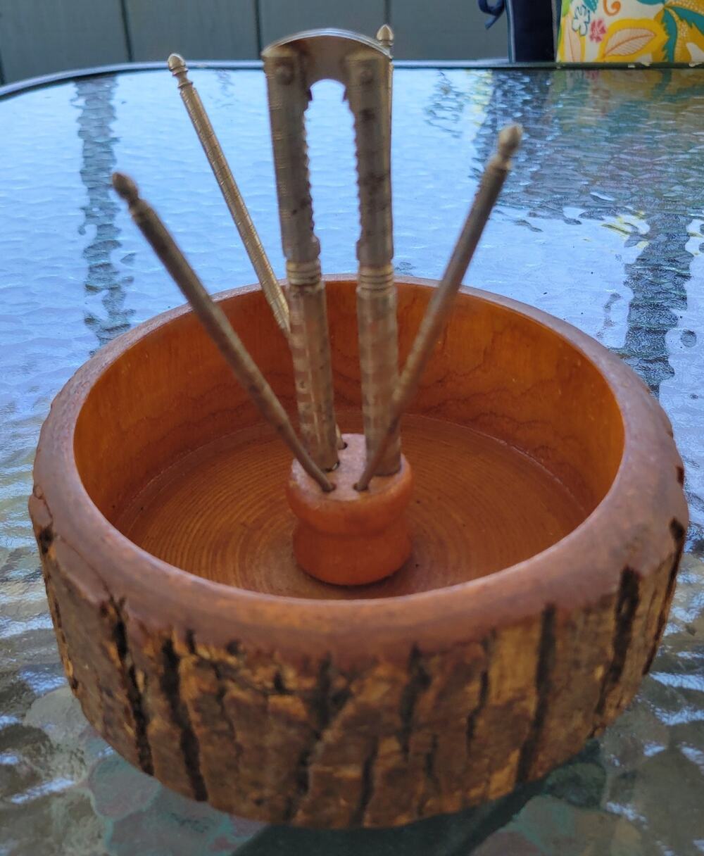VTG MCM Nut Bowl and Cracker Set with Picks Wood Live Edge Tree Bark Rustic Set